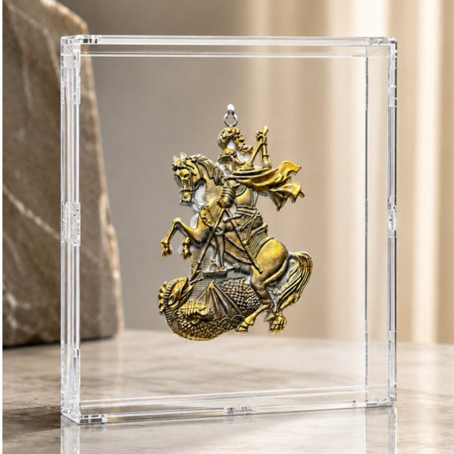 Quadro caixa de acrílico Imagem de São Jorge com dragao | dourado e branco | 15x15cm | produto premium|decoração afetiva