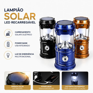 Lampião Solar LED Recarregável Camping Lanterna USB Luz Emergência Power Bank Portátil