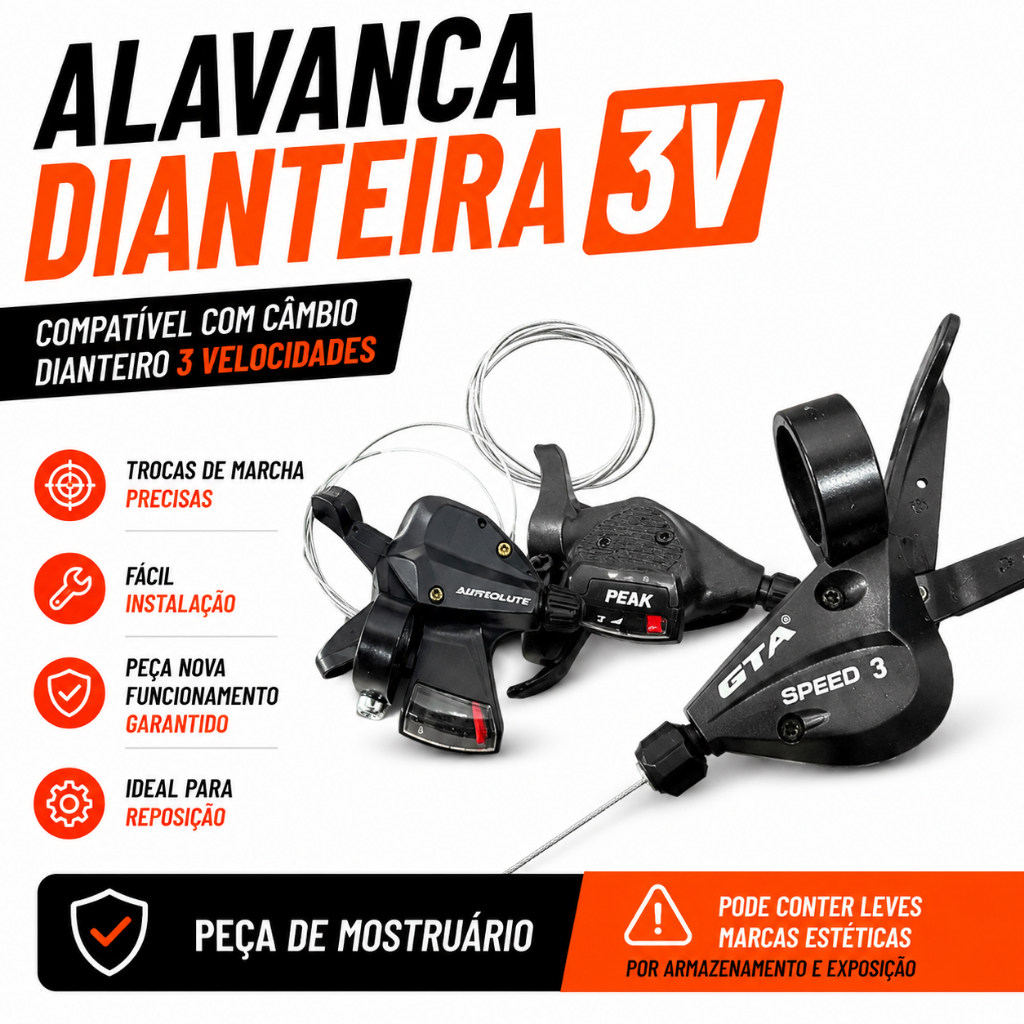 PASSADOR ALAVANCA DE CÂMBIO DIANTEIRO 3V BIKE SEM MANETES COM CABO 3 VELOCIDADES - MOSTRUÁRIO