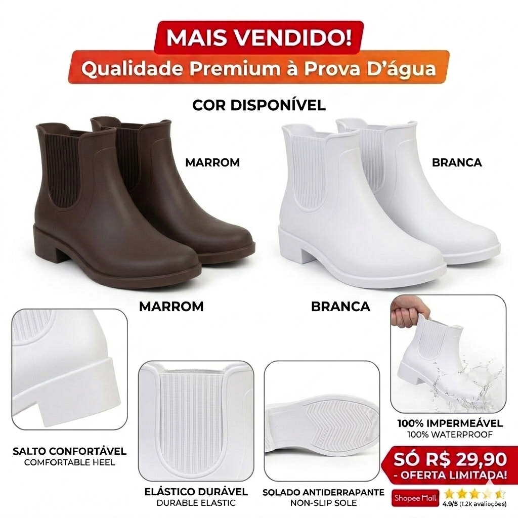 Bota Chelsea Protect Feminina Impermeável Cano Curto Salto Confortável Pronta Entrega Promoção