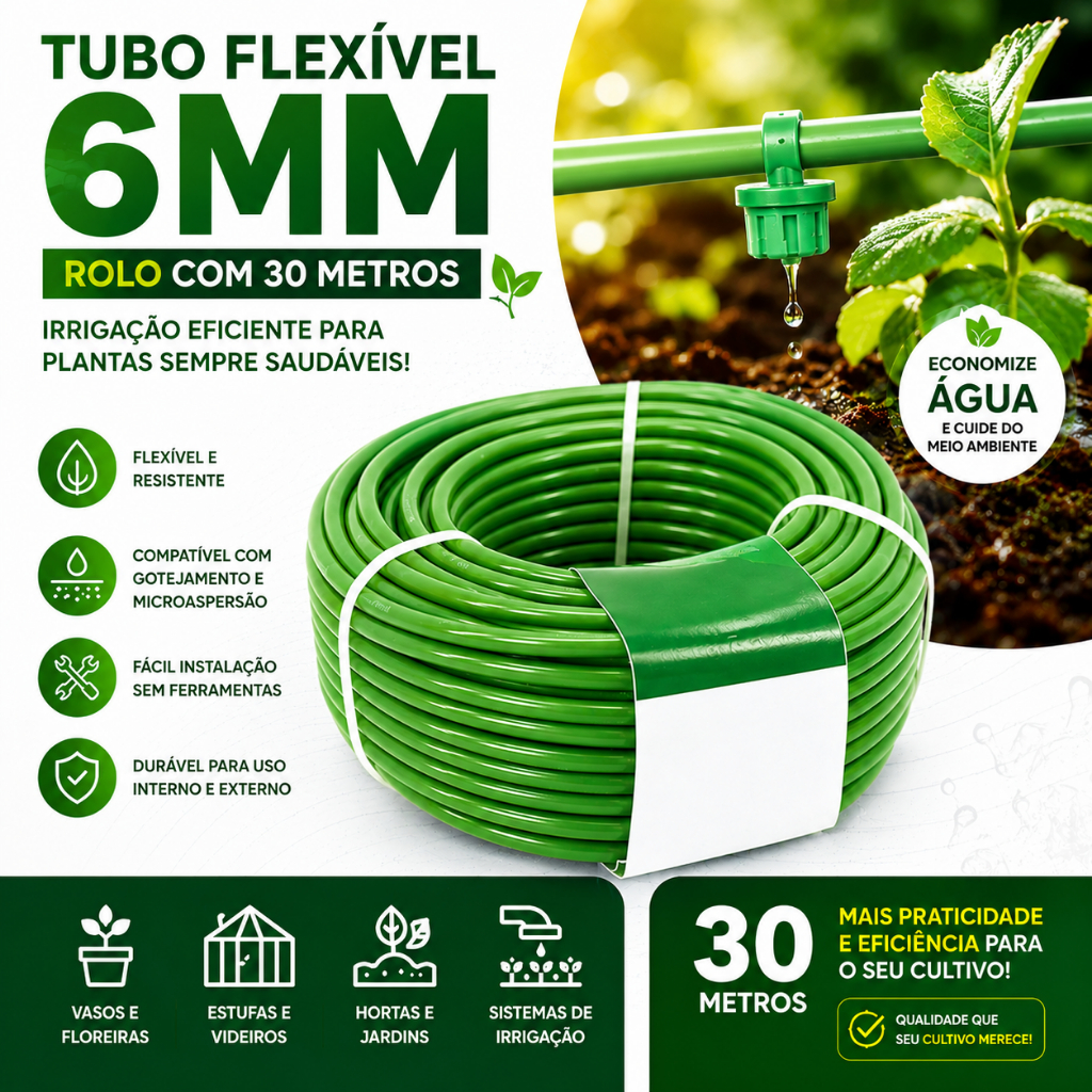 Tubo Flexível Verde 6mm para Irrigação – Rolo com 30 Metros | Mangueira para Gotejamento e Irrigação Automática
