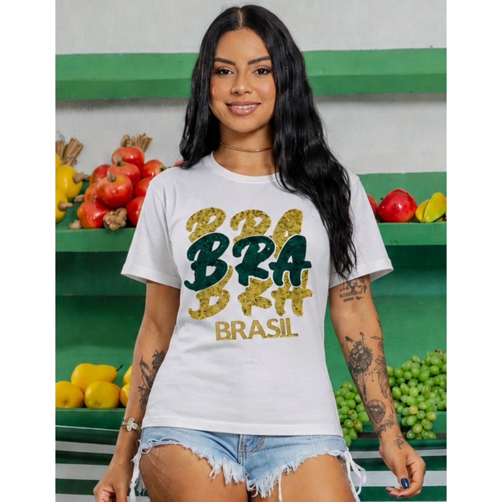 Camiseta Do Brasil Feminina Manga Curta Estrela Copa Do Mundo
