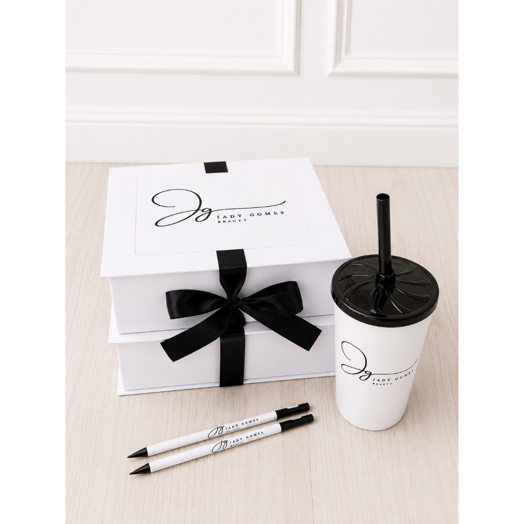 Kit Boas-Vindas Personalizado Com Logo 3 Caixas G 3 Copos 3 Lápis