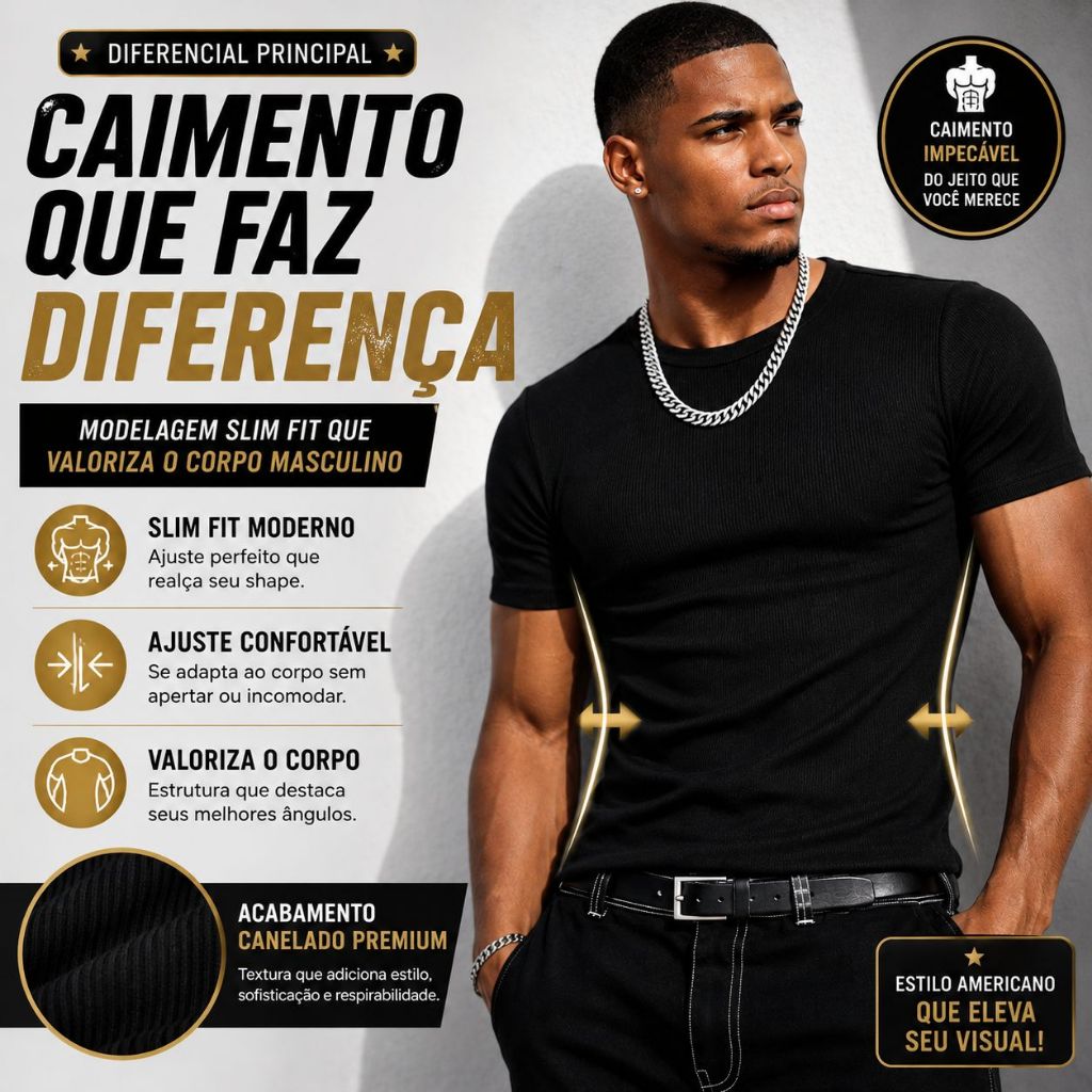 Camiseta Masculina Canelada Slim Fit Ribana Estilo Americano Premium Algodão Elastano Fio 30.1
