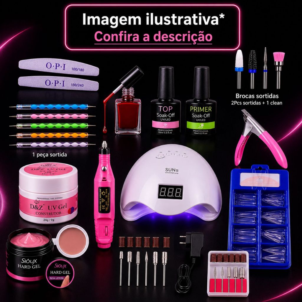 KIT Cabine de LED UV Sun 5 Motor Caneta Lixadeira Elétrica Prep unha tips postiça gel profissional