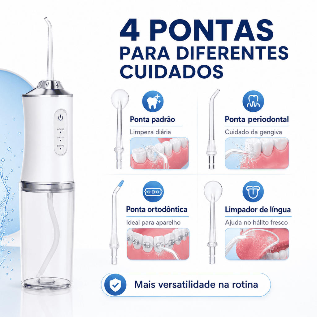 🦷Irrigador Bucal para Aparelho Ortodôntico, com Modos Suaves para Gengivas Sensíveis e Limpeza Profunda