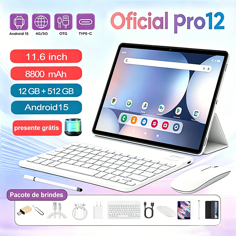 Tablet Pro12 | 12GB RAM 512GB | Android 15 | Tela 11.6" HD | 5G | Com Teclado e Mouse Grátis