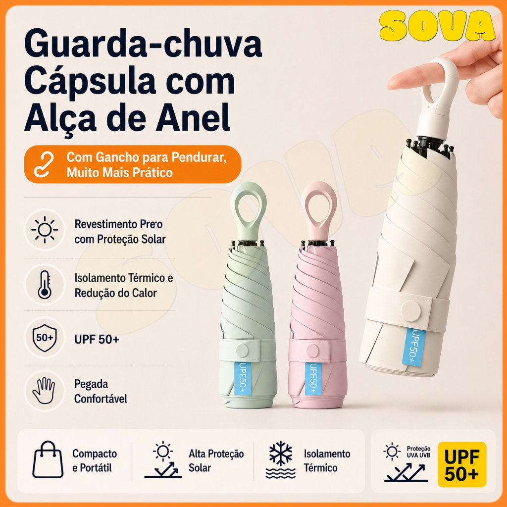 Guarda-Chuva Pequeno com Proteção UV, Estrutura Dupla Reforçada, Leve e Portátil para Sol e Chuva Com Alça De Anel