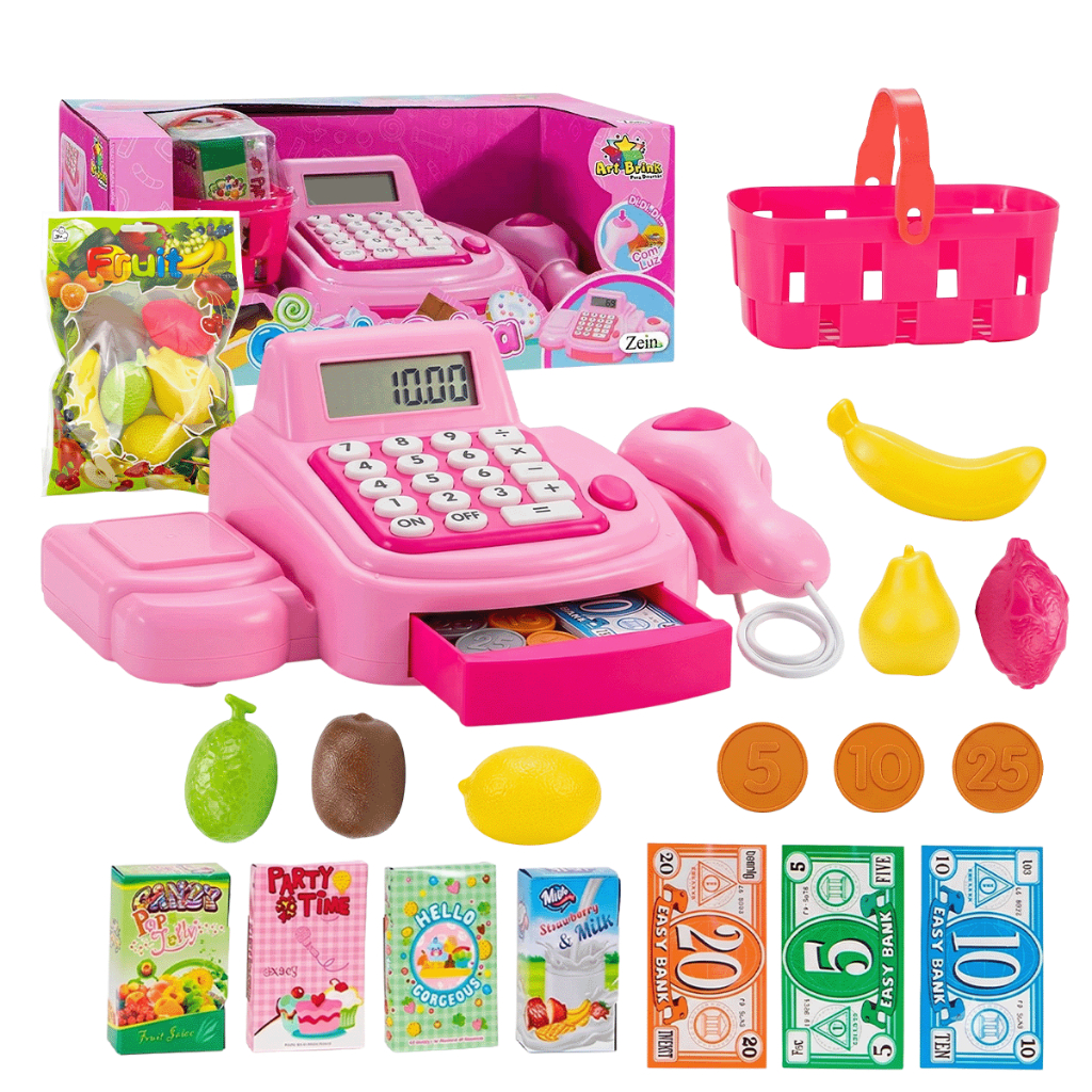 Caixa Registradora Infantil Brinquedo Com Som Luz Calculadora Leitor Scanner Mercadinho Cesta Compras Frutas
