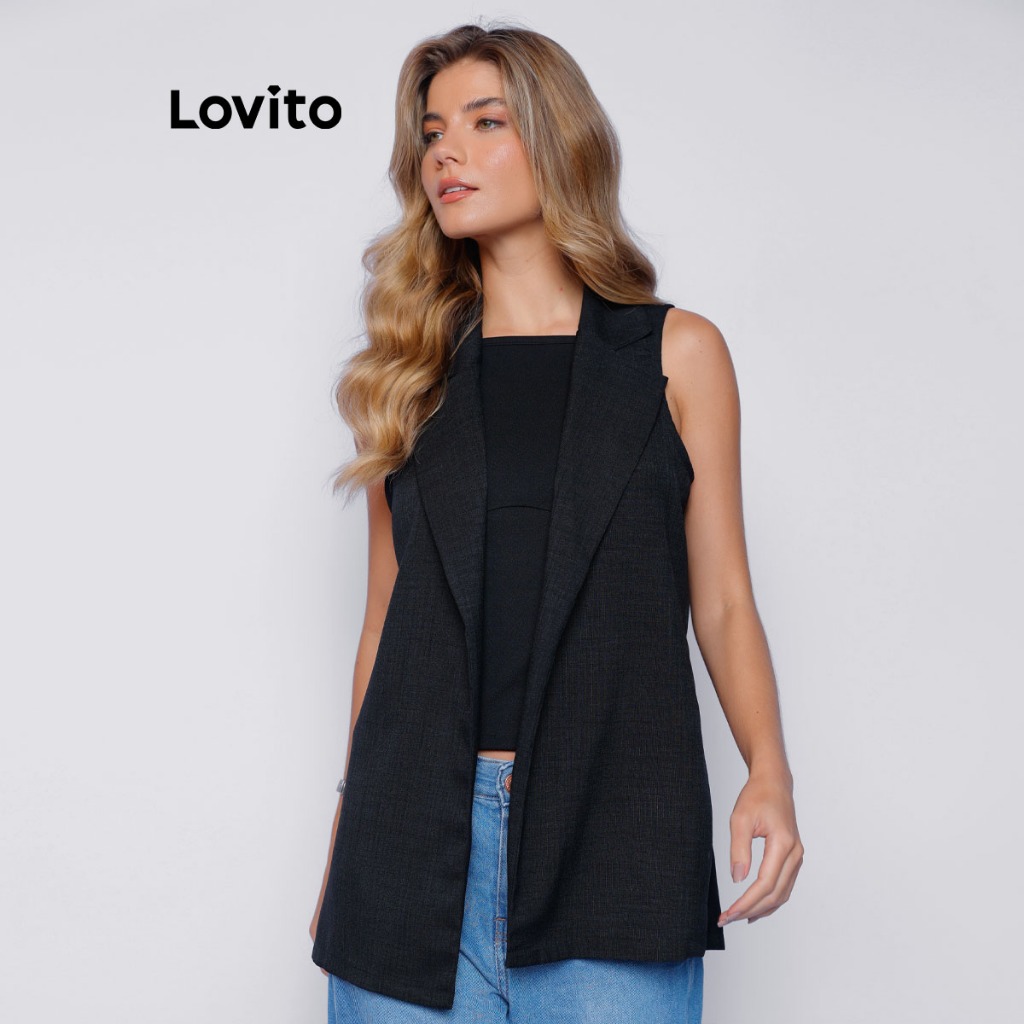 Lovito Nacional Colete Alfaiataria Preto Casual Moda Trabalho Básico Feminino BR