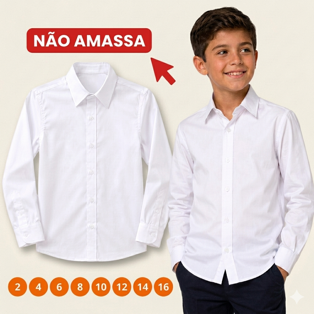 Camisa Social Infantil e Juvenil Manga Longa no Microtec Branca