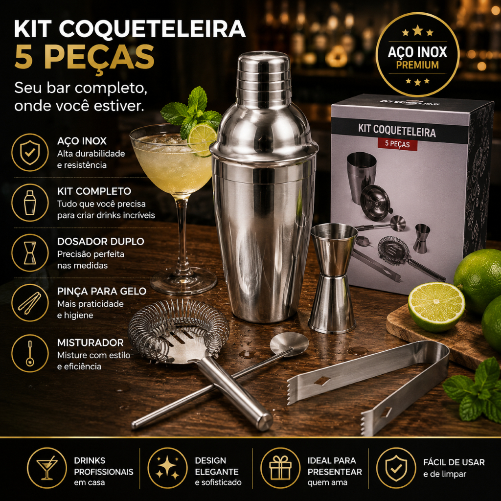 Kit 5 Peças Bar Completo Profissional Coqueteleira Aço Inox 550ml Utensílios Bartender Caipirinha
