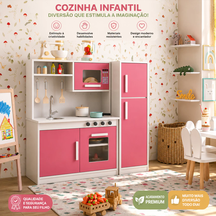 KIT COZINHA INFANTIL COMPLETO COM GELADEIRA ENCANTO Pia Fogão e Microondas MDF/MDP Criança
