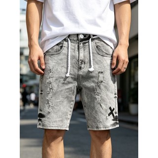 Tung Jeans Cinza Bermuda Jeans Masculina Slim Rasgada com Cordão na Cintura 30 ao 42