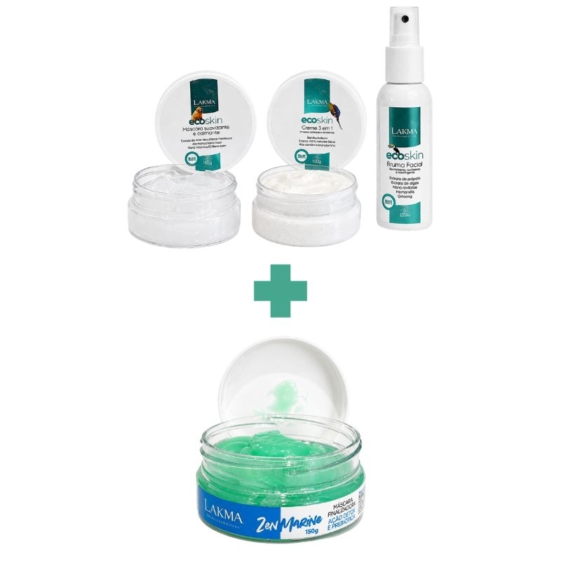 Kit Limpeza de Pele e Detox Facial Lakma | Creme 3 em 1 + Bruma + Oligo-Mat + Zen Marine