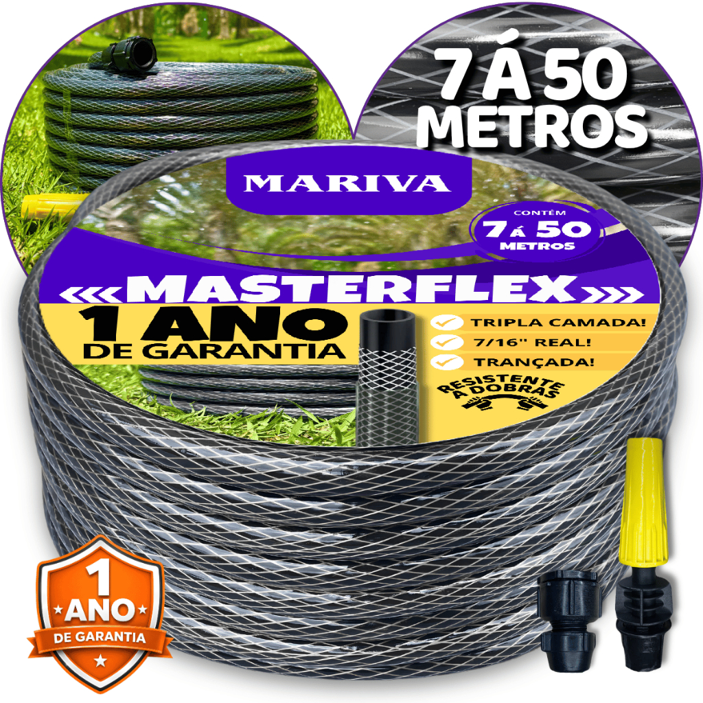 Mangueira de Jardim Trançada Grafite 7/16 (Kit Completo) - 10m à 50m Reforçada Trançada Resistente