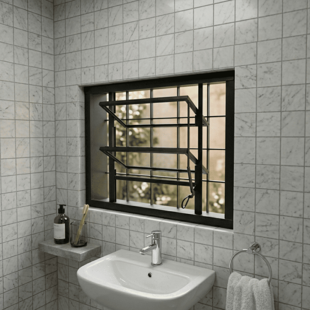 Janela Basculante 60x60 Aço Com Grades P/ Banheiro e Cozinha Romex