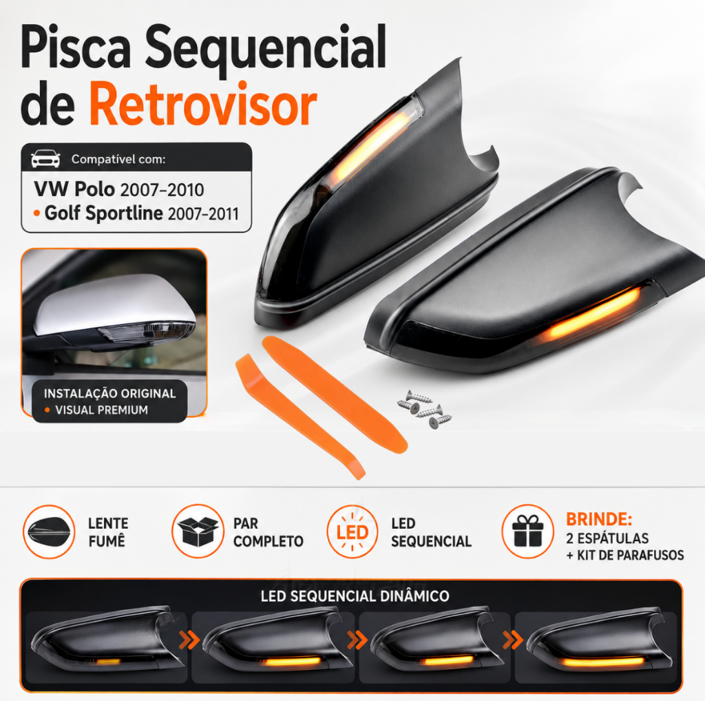 Pisca Sequencial Retrovisor Polo Golf Sportline 07-11 Fumê LED Dinâmico