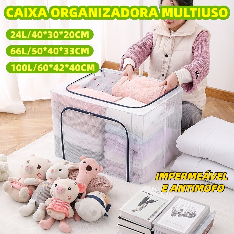Caixa Organizadora com Zíper Impermeável Antimofo PVC/Linho Vários Tamanhos 24L/66L/100L