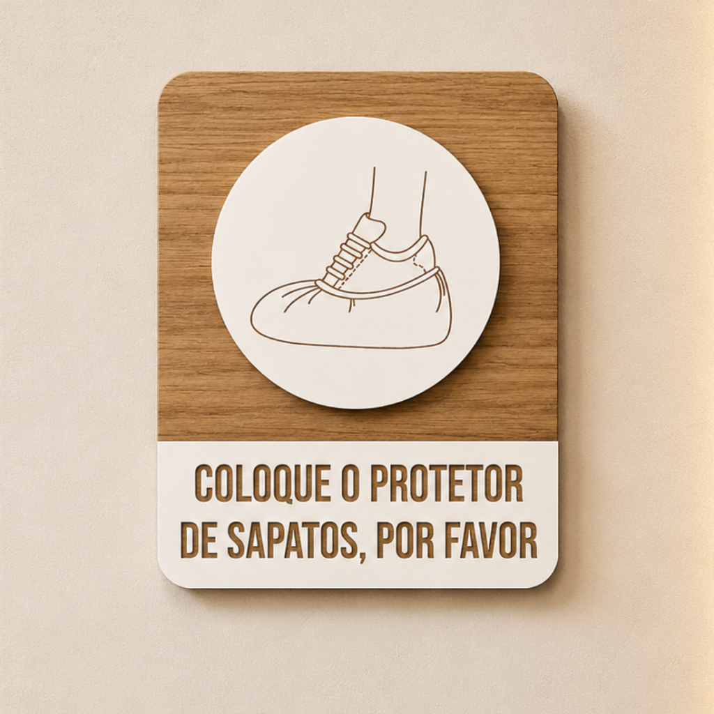 Placa Coloque O Protetor De Sapatos MDF Alto Relevo Para Clínica Consultório Hospital