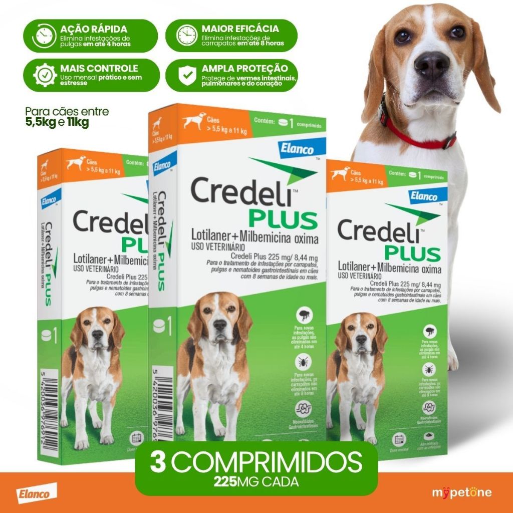 Kit 3 Credeli Plus Elanco para Cães de 5,5 a 11 kg - 1 Comprimido