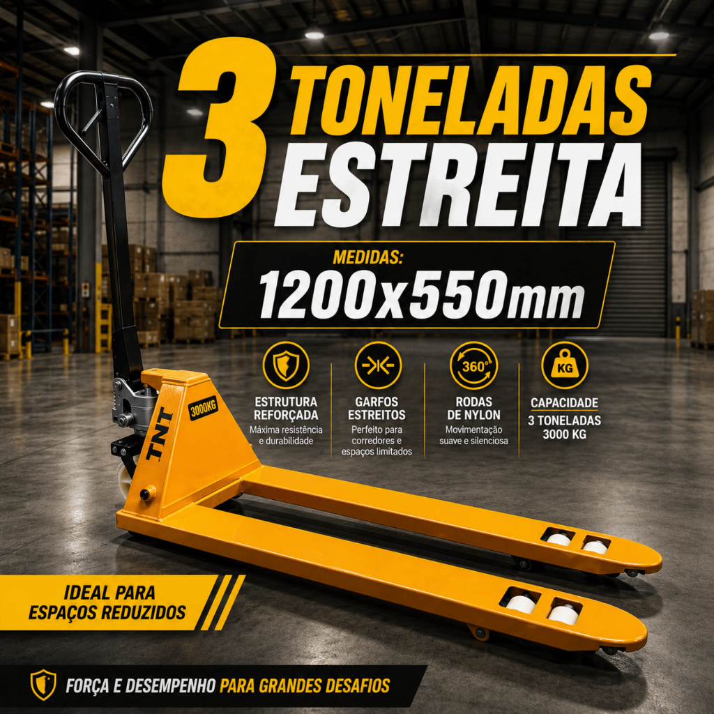Paleteira Transpallet Manual 3 Toneladas Estreita 1200x550mm TNT Rodas Nylon Reforçada