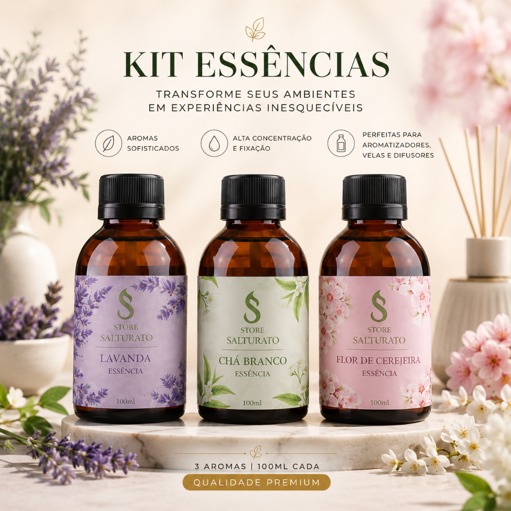 Kit Essências Lipossolúveis 100ml Chá Branco Flor de Cerejeira Lavanda Aromas Mais Vendidos p/ Velas