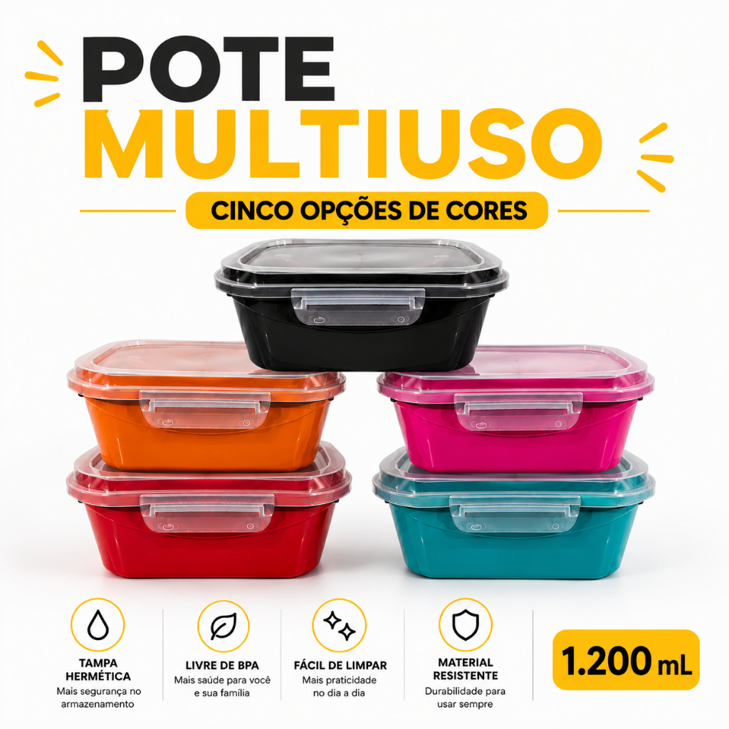 Marmita Hermética Fitness Com Travas 1,200ml Pedreira Utilidades Reutilizável Cozinha