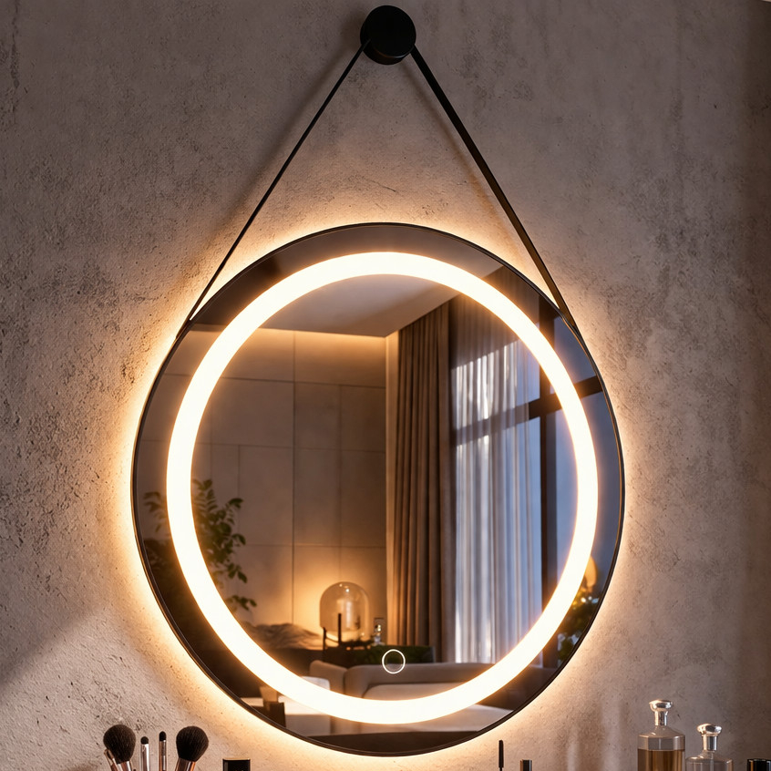 Espelho Redondo com LED 3 Cores Adnet Jateado 40 a 60cm Botão Touch Moldura Couro com Pino Suporte
