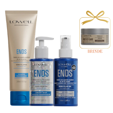 Kit Lowell Ends Shampoo 240ml, Creamy Mask 100ml, Sérum Regenerador de Pontas 100ml +BRINDE Máscara Protect Care 48g