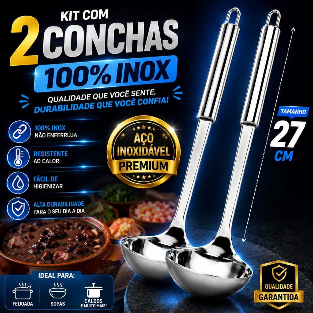 Kit Com 2 Conchas 100 % Inox Com cabo Aço Inoxidavel Premium Resistente Ao Calor Concha Grande Aco Inox