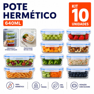 3, 5 ou 10 Potes de Vidro Herméticos 640ml - Marmita Fitness Tampa com 4 travas Ideal Para a Semana