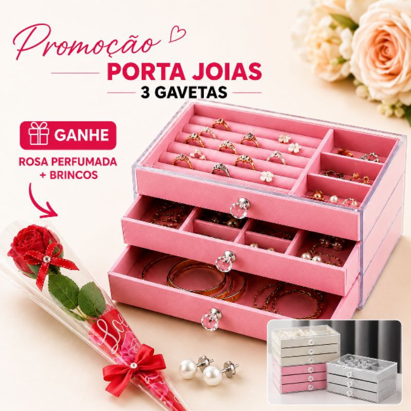 Porta Jóias Acrílico Luxo 3 Camadas Caixa Organizadora - Brinco, Anel, Bijuterias +Presente Rosa e Brinco
