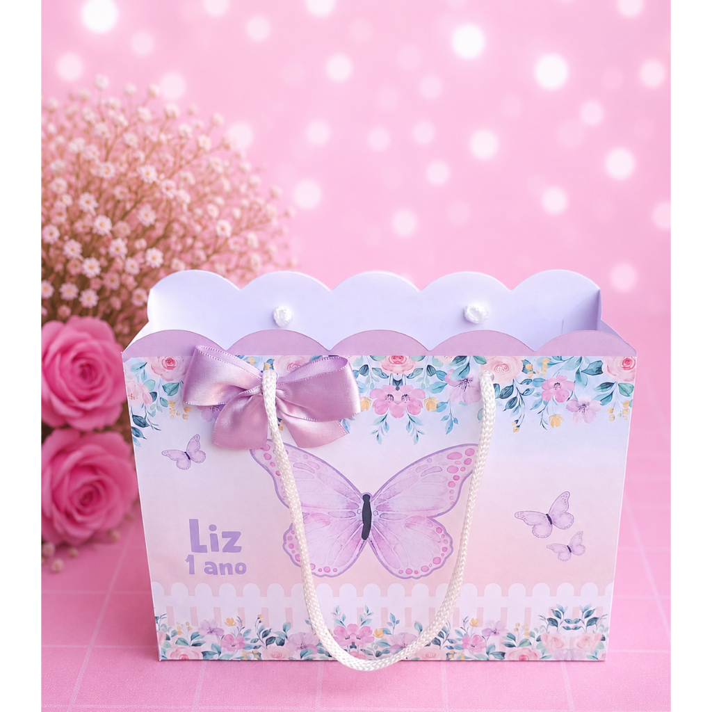 Sacolinha personalizada Jardim das Borboletas Lilás lembrancinha kit festa caixinhas Papelaria Personalizada