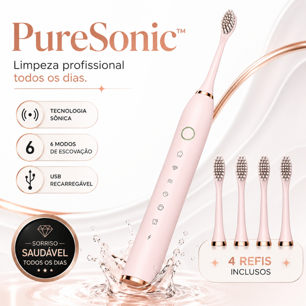 Escova Dental Elétrica Sônica Rosa Recarregável USB 6 Modos Com 4 Refis Limpeza Profunda PureSonic™