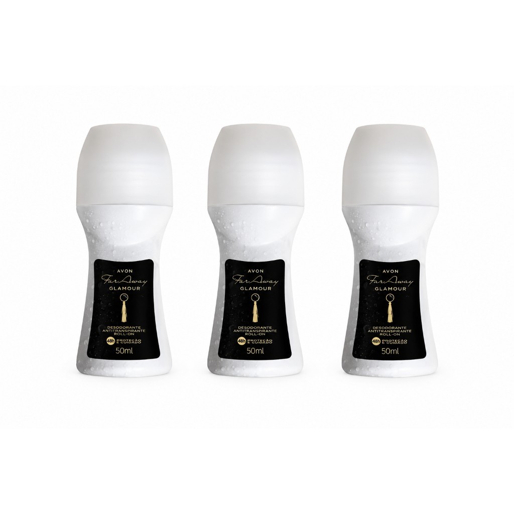 Kit com 3 Desodorantes Roll- Far Away Glamour - AVON - 50ml - Proteção 48h, Fórmula Suave, Absorção Rápida e Eficaz