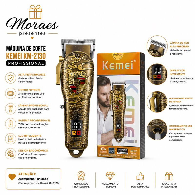 Máquina Kemei KM-2130 profissional com LCD, bateria 1500mAh, USB e 4 pentes guia para corte.
