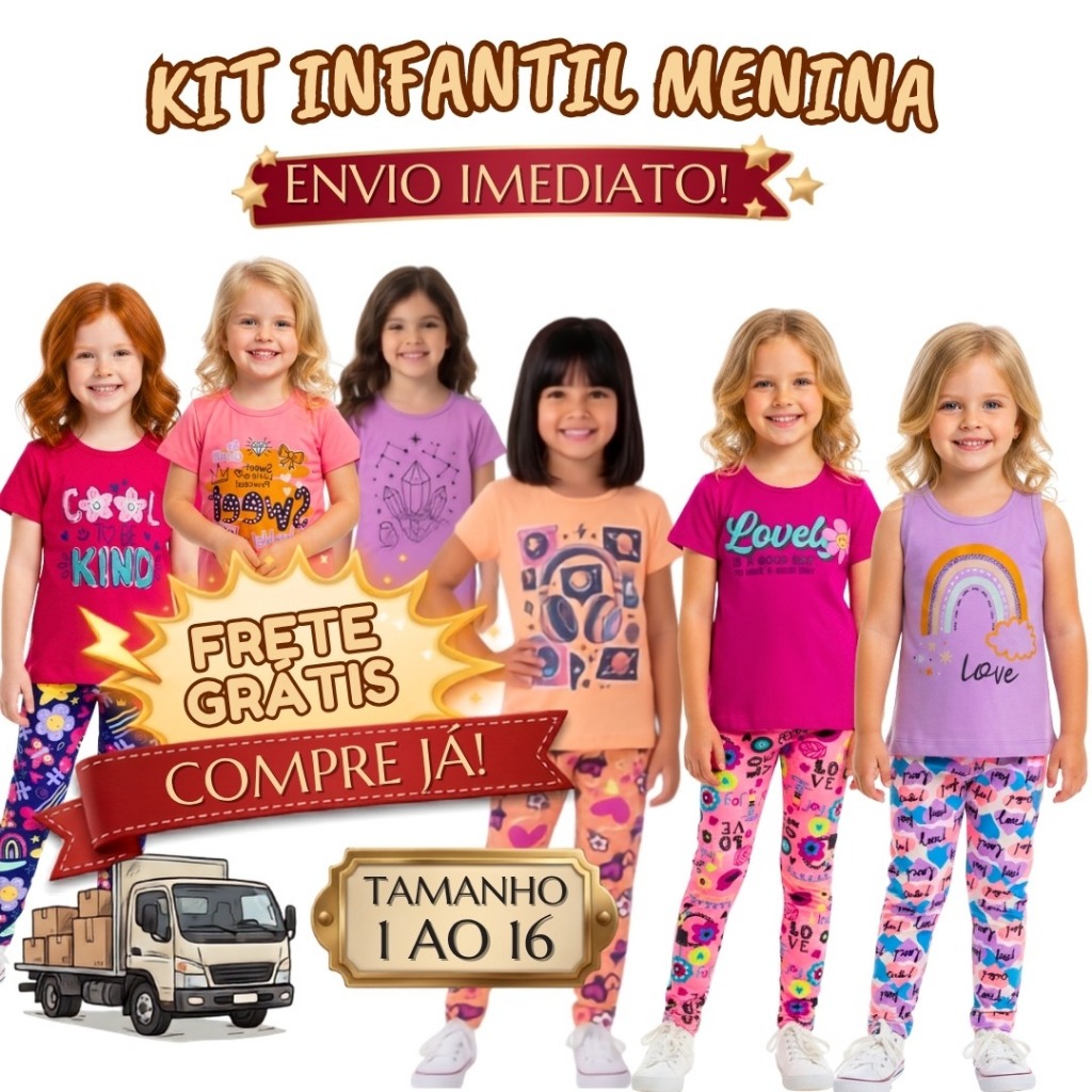 Kit 4 Peças Conjunto Infantil Menina 2 Camiseta Sem Manga 2 Legging Cotton Algodão ou Supplex Roupa Feminina Verão