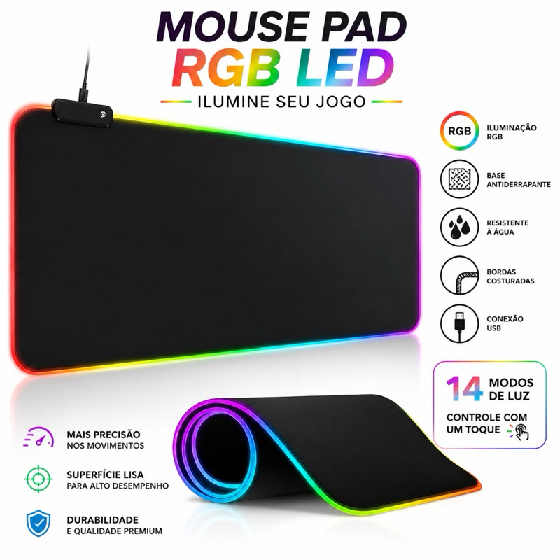 Mouse Pad Gamer Led RGB 7 Cores 11 efeitos Iluminado Grande 80x30 25x35