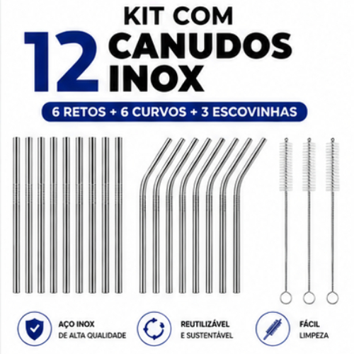 Combo 4/8/12/16 Canudos Inox Curvos com Escova Ecológico Reutilizáveis Laváveis