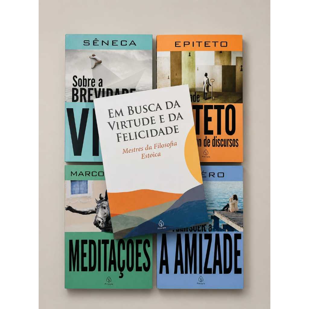 Box c/4 livros Em Busca da Virtude e da Felicidade – Mestres da Filosofia Estoica reúne quatro das mais influentes obras