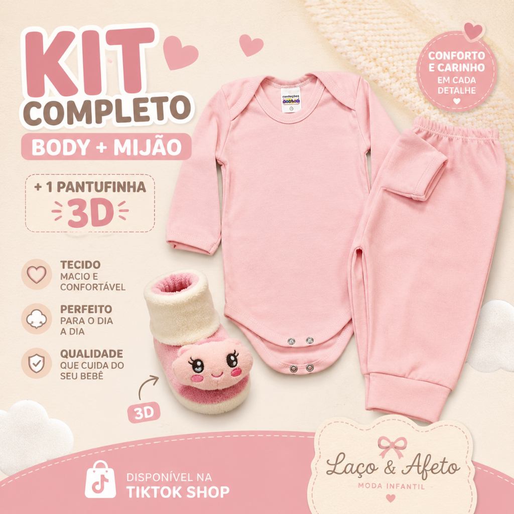 Kit Completo Bebê 100% Algodão Body Mijão e Pantufa 3D