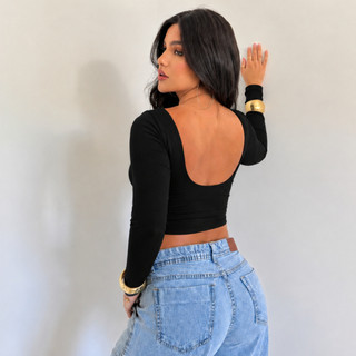 Blusa Feminina Suplex com Manga Longa Comprida Costa Nua Elegante Casual Premium