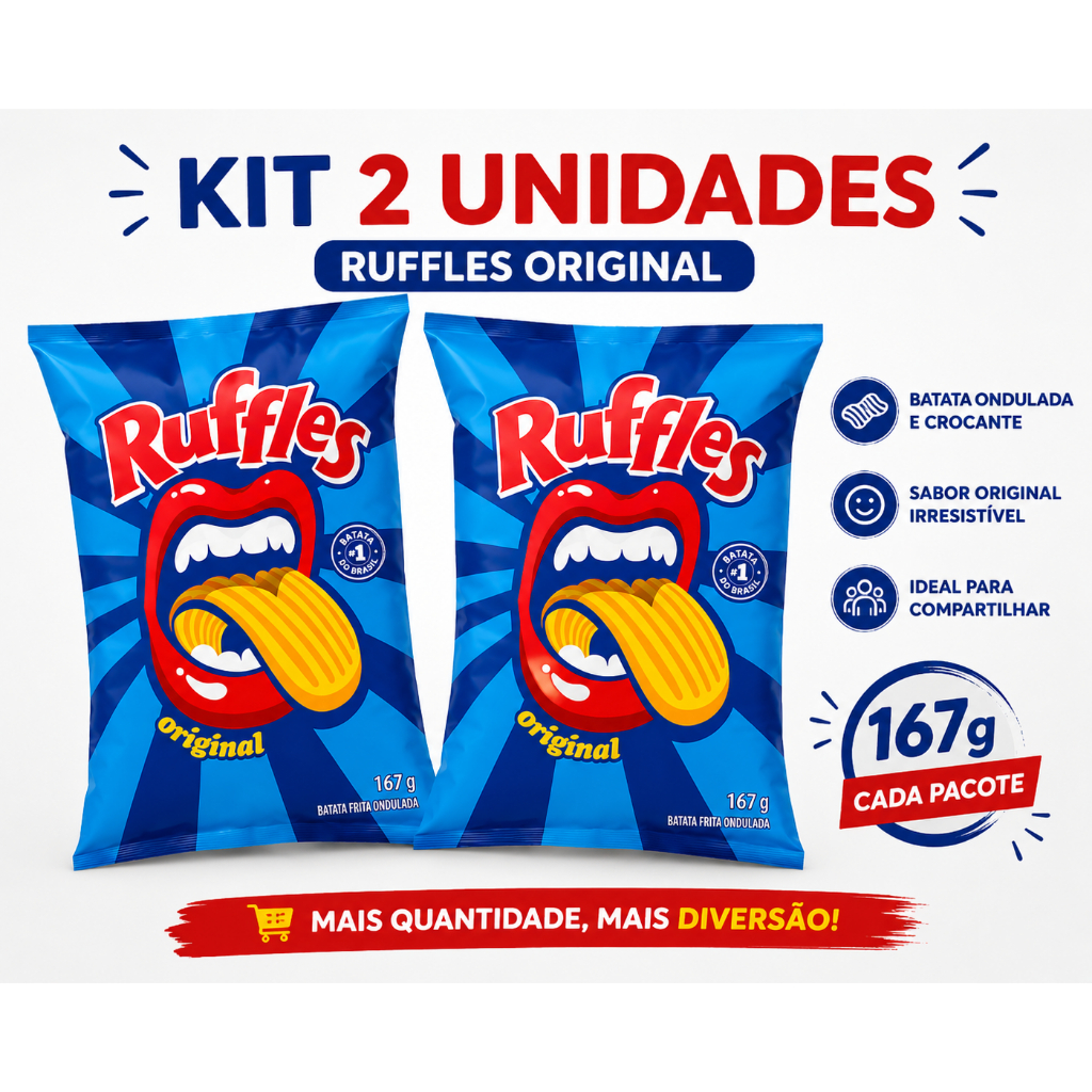 Kit 2 Unidades Batata Chips Ruffles Original 167g Pacote Grande Salgadinho Crocante