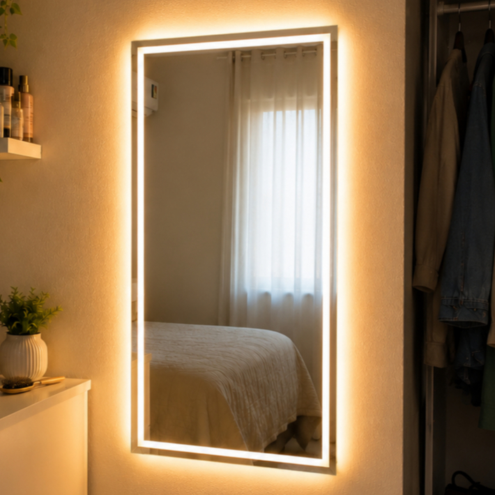 Espelho Grande Jateado 90x60cm com LED 3 Cores e Botão Touch Lapidado Premium