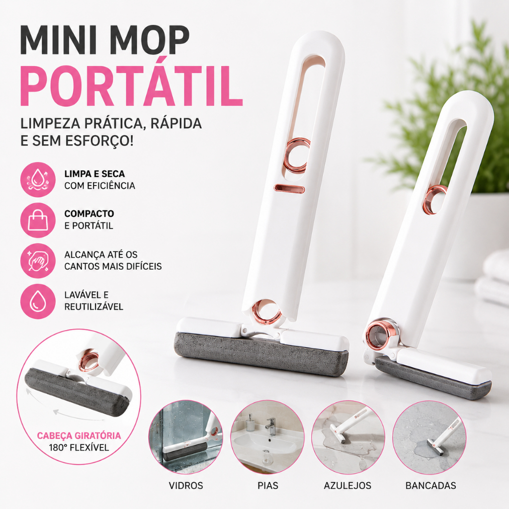 Mini Mop Portátil Limpeza Rápida Cozinha Banheiro Acessório limpeza doméstica Compacto Rodo Pratico
