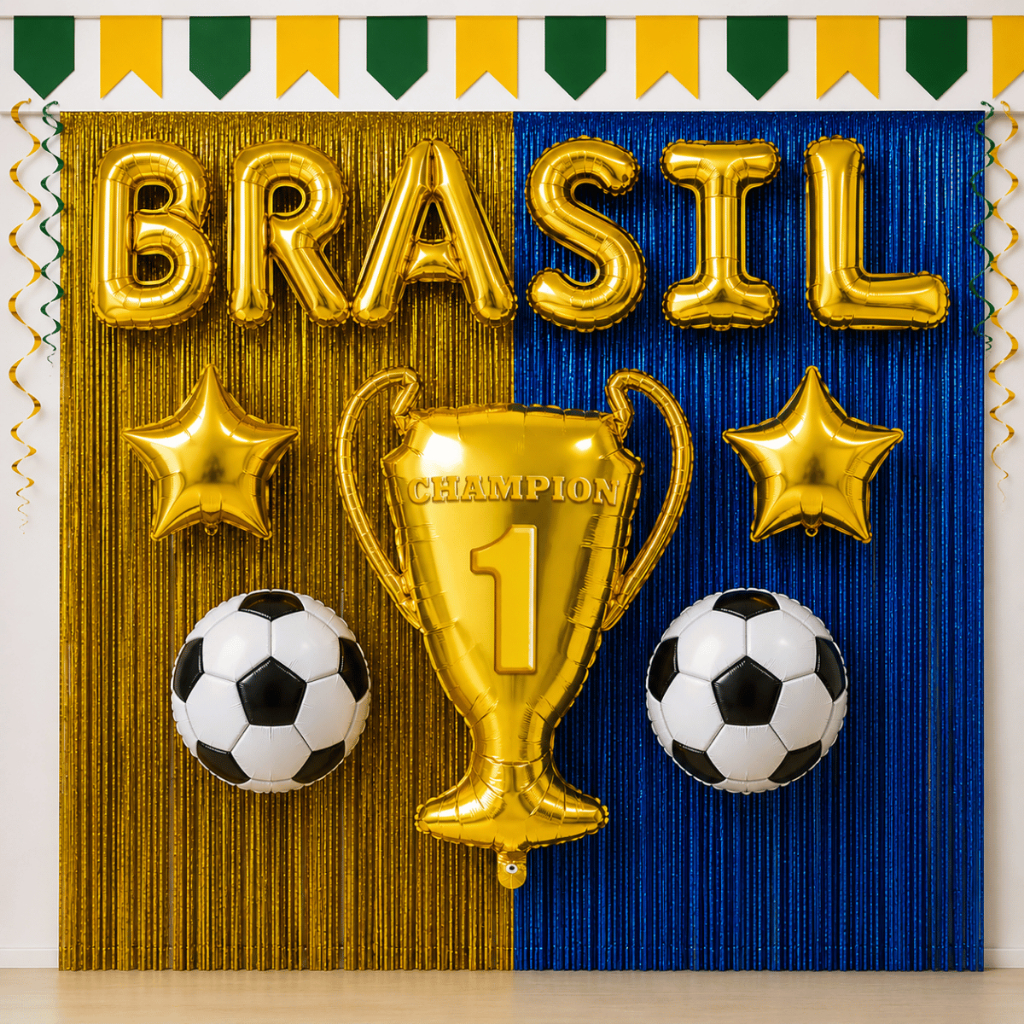 Kit da Copa do Mundo – 2 Cortinas Metálicas + Balões Brasil + 2 Estrelas + 2 balão bola Futebol Decoração Torcida