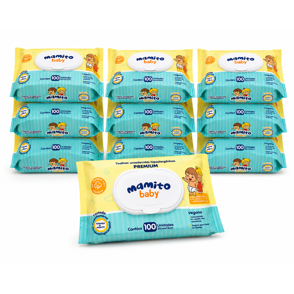 Kit 10 Pacotes Toalhas Umedecidas Mamito Baby Premium 100 Folhas 98% Água Lenço Umedecido