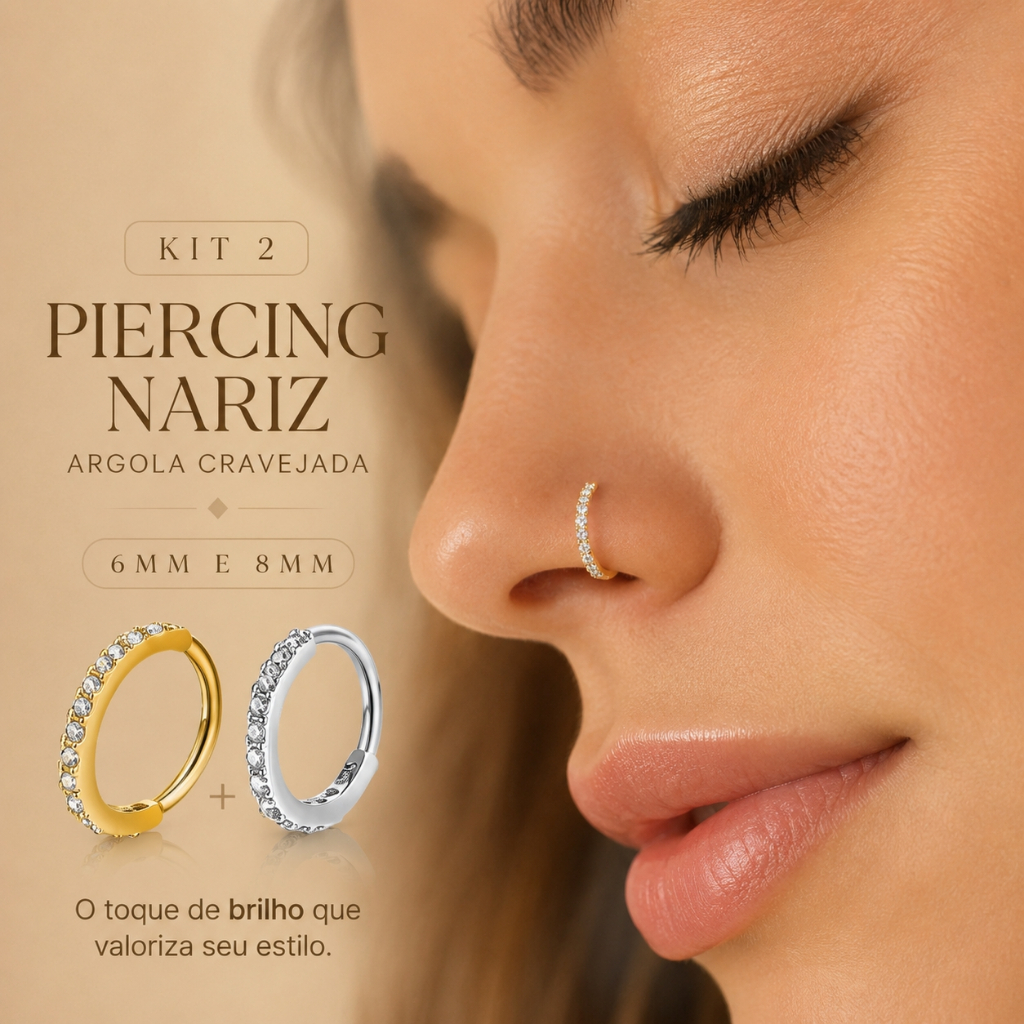 Kit 2 Piercing Nariz Cartilagem Argola Cravejado Strass 8mm e 6mm