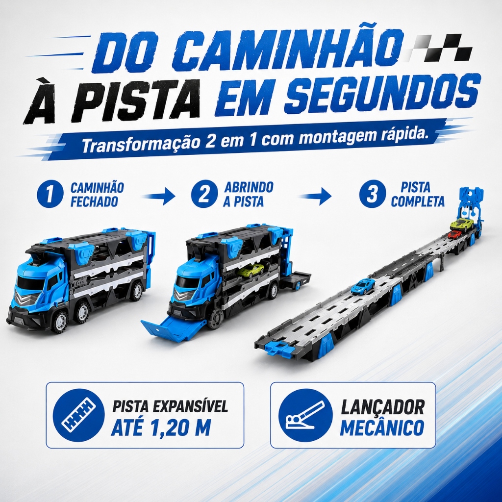 Caminhao Cegonha Vira Pista Grande Com Lancador Carreta Cegonheira Com 6 Carrinhos Fricção Kizumba · foto 2